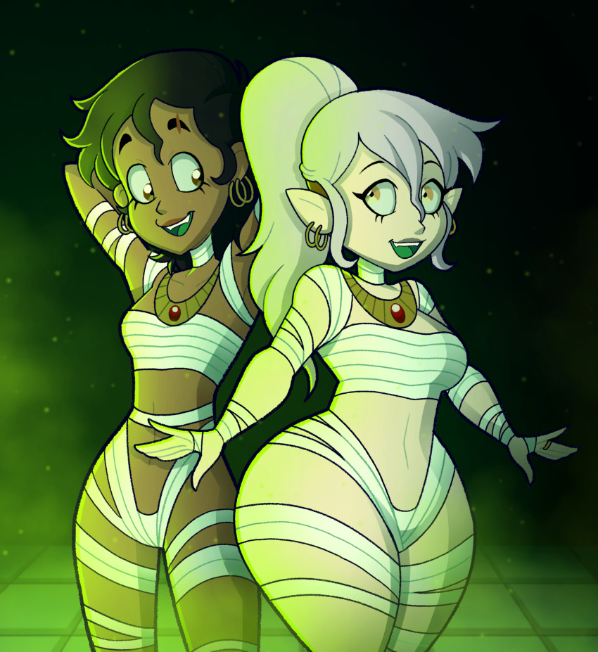 2girls absurdres amity_blight bare_hips bare_shoulders brown_eyes couple dark-skinned_female dark_skin ear_piercing earrings eyelashes halloween halloween_costume highres jewelry luz_noceda multiple_girls mummy_costume navel open_mouth piercing pointy_ears ponytail raised_eyebrows ring short_hair the_owl_house thick_thighs thighs tonyneely wedding_ring wide_hips yellow_eyes