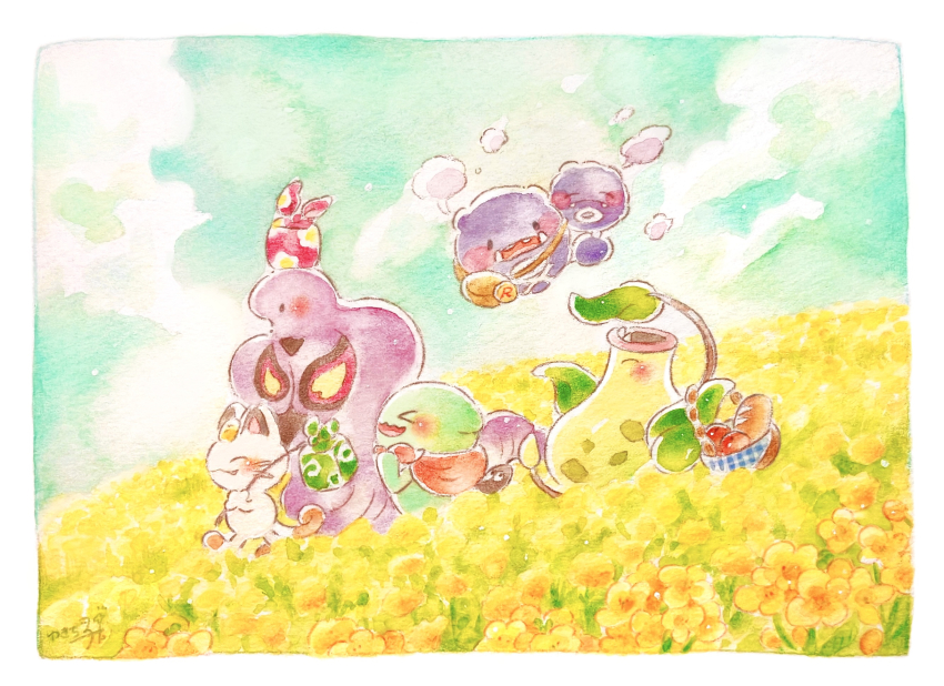 &gt;_&lt; ._. apple arbok bag_on_head basket bindle blue_sky blush blush_stickers border bread brown_bag closed_eyes closed_mouth cloud coin colored_pencil_(medium) commentary creatures_(company) day english_commentary fangs field floating floral_print flower flower_field food from_side fruit game_freak gas gen_1_pokemon gen_2_pokemon gold highres holding holding_basket holding_picnic_basket koban_(gold) meowth multiple_heads nintendo no_humans open_mouth outdoors painting_(medium) picnic_basket pokemon pokemon_(anime) pokemon_(classic_anime) pokemon_(creature) pokemon_focus red_bag sky standing team_rocket teeth traditional_media victreebel watercolor_(medium) weezing white_border wobbuffet yellow_flower yukichi_0611
