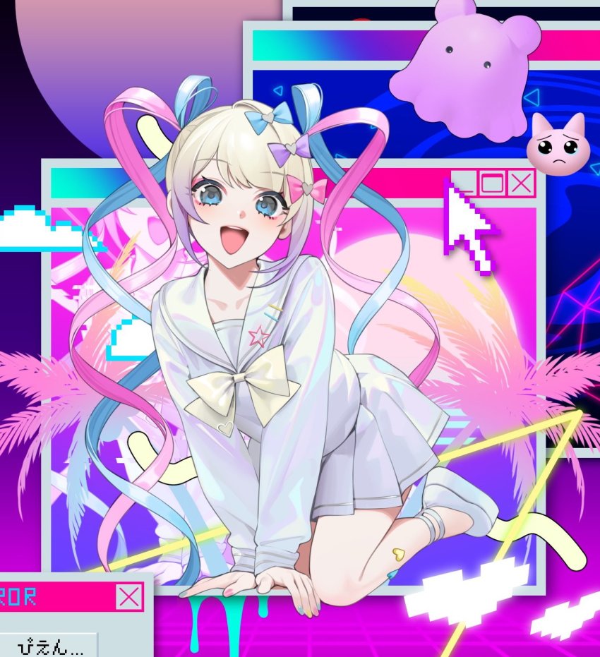 1girl aqua_hair blonde_hair blue_eyes bow chouzetsusaikawa_tenshi-chan cursor emoji hair_bow highres looking_at_viewer microsoft_windows cursor multicolored_hair multiple_hair_bows nail_polish needy_girl_overdose ohisashiburi open_mouth palm_tree pink_hair purple_hair school_uniform synthwave tree umbrella_octopus vaporwave window_(computing)