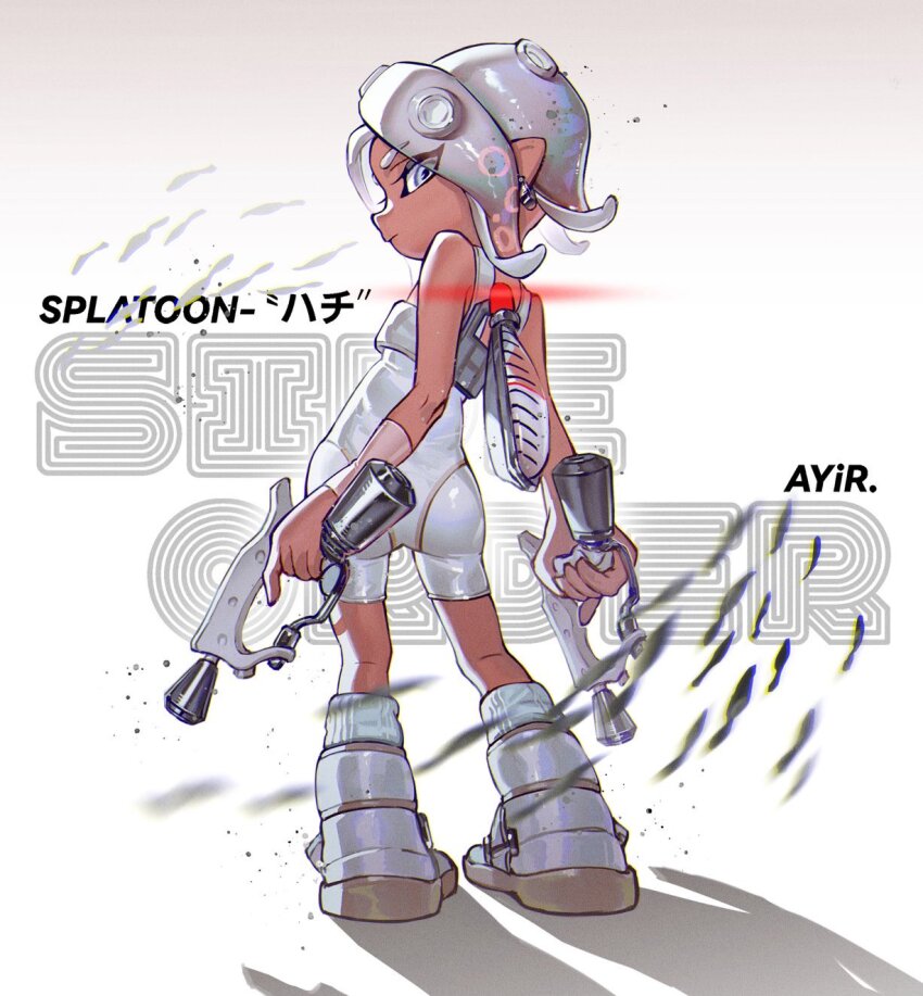 1girl agent_8_(splatoon) ange-yi arms_at_sides artist_name ass bare_shoulders bodysuit boots closed_mouth commentary copyright_name dark-skinned_female dark_skin detached_sleeves dual_wielding earrings english_commentary fish from_behind full_body grey_eyes grey_hair highres holding holding_weapon ink_tank_(splatoon) jewelry long_hair looking_at_viewer looking_back nintendo octoling octoling_girl octoling_player_character order_dualies_(splatoon) see-through_clothes see-through_sleeves single_detached_sleeve sleeveless sleeveless_bodysuit socks solo splatoon_(series) splatoon_3 splatoon_3:_side_order suction_cups tentacle_hair weapon white_background white_bodysuit white_boots white_socks