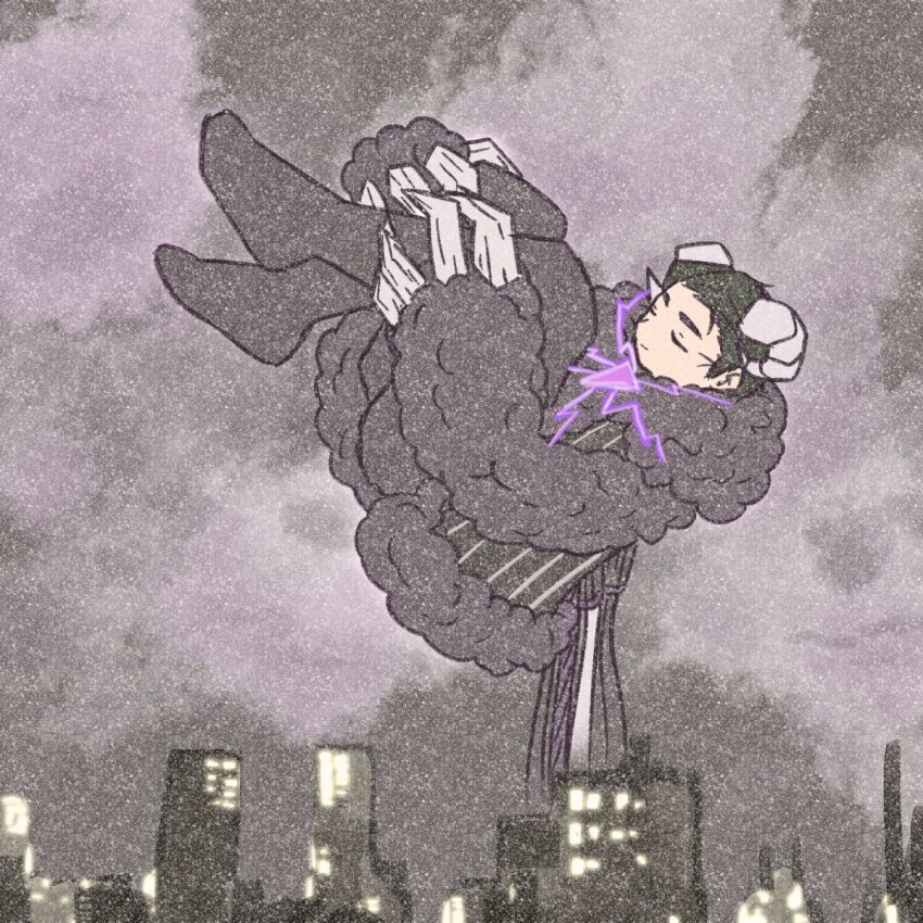 1boy black_hair black_hanbok cable cityscape claws closed_eyes cloud cloudy_sky e.g.o_(project_moon) electric_screaming_(e.g.o) electricity full_body fur_sleeves fur_trim gem hanbok highres horns korean_clothes limbus_company male_focus meursault_(project_moon) outdoors project_moon purple_gemstone sheep_horns short_hair simple_background sky solo teryaa125 wool