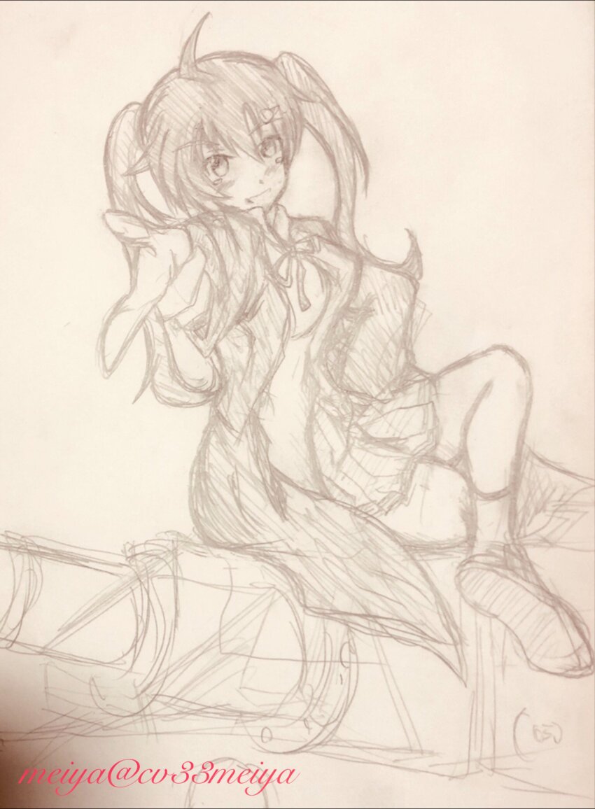 1girl bellwall_school_uniform black_jacket black_ribbon collared_shirt girls_und_panzer girls_und_panzer_little_army highres jacket long_hair meiya military_vehicle miniskirt motor_vehicle nakasuga_emi one-hour_drawing_challenge ribbon school_uniform shirt sitting skirt tank twintails