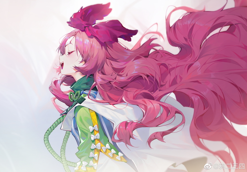 1girl absurdly_long_hair blue_shirt bow cape character_request chinese_commentary closed_eyes commentary_request cowboy_shot eyelashes floating_clothes floating_hair from_side gradient_background green_ribbon green_scarf green_sleeves grey_background hair_bow highres layered_sleeves light_blush long_hair long_sleeves neck_ribbon open_mouth pink_bow pink_hair pointy_nose ribbon scarf shanhai_jing_hua shirt sleeve_bow smile solo striped_clothes striped_shirt teeth upper_teeth_only vertical-striped_clothes vertical-striped_shirt very_long_hair watermark wavy_hair weibo_watermark white_background white_bow white_cape white_sleeves ya_ersansi