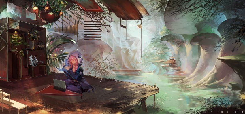 1girl arknights artist_name baseball_bat blue_eyes blue_poison_(arknights) bonsai building day hands_up hanging_light highres holding hood hood_up hooded_jacket jacket lake lamp long_hair long_sleeves mattress model mouth_hold mushroom palm_leaf pink_hair rope_ladder shelf sitting solo stairs stilt_house stuffed_animal stuffed_toy tree vase yingzi
