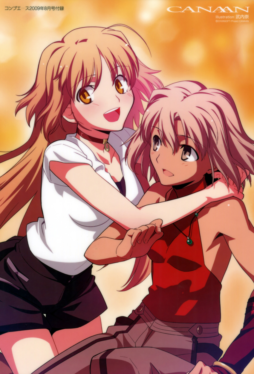 2girls 428 428:_fuusa_sareta_shibuya_de absurdres ahoge androgynous bare_shoulders brown_eyes brown_hair canaan_(character) canaan_(series) casual choker chunsoft elbow_gloves gloves highres hug jewelry long_hair multiple_girls necklace non-web_source oosawa_maria short_hair silver_hair sleeveless sleeveless_turtleneck takeuchi_takashi turtleneck
