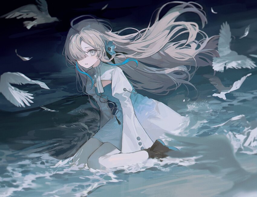 1girl anemone_(flower) asymmetrical_bangs beach bird black_boots blue_dress blue_eyes blue_flower blue_hair boots breasts buttons cleavage_cutout clothing_cutout dress feathers floating_hair flower flower_ornament gradient_clothes gradient_dress hair_flower hair_ornament highres isekaijoucho kamitsubaki_studio long_hair long_sleeves multicolored_hair nenecrepe night o-ring ocean outdoors pantyhose puffy_sleeves shrug_(clothing) sidelocks small_breasts solo two-tone_hair wavy_hair white_hair white_pantyhose