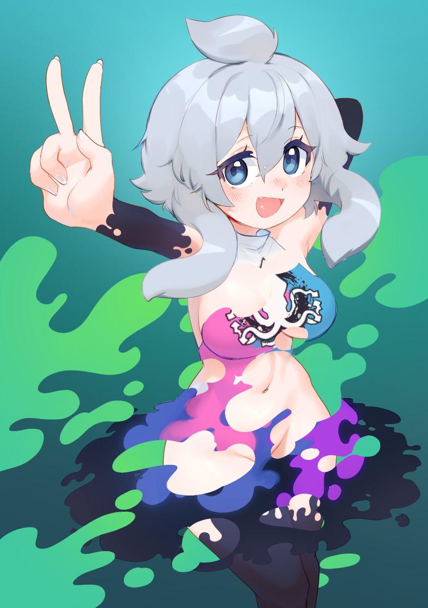 1girl absurdres ahoge arm_behind_head blue_eyes bodypaint chumu_(teuthidan) commission commissioner_upload convenient_censoring grey_hair highres looking_at_viewer midriff navel niniidawns original paint_splatter smile solo tentacle_hair v