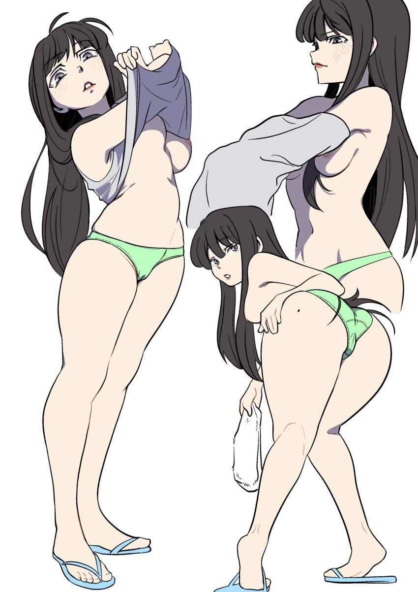 1girl ass bent_over black_hair blue_sandals breasts commentary english_commentary flip-flops green_panties grey_eyes highres holding holding_underwear holding_unworn_clothes large_breasts long_hair looking_back mole mole_on_ass multiple_views nipples panties red_lips sakurane_shoka sandals shin_subarashiki_kono_sekai spaghetto087 standing subarashiki_kono_sekai toes underwear undressing white_panties