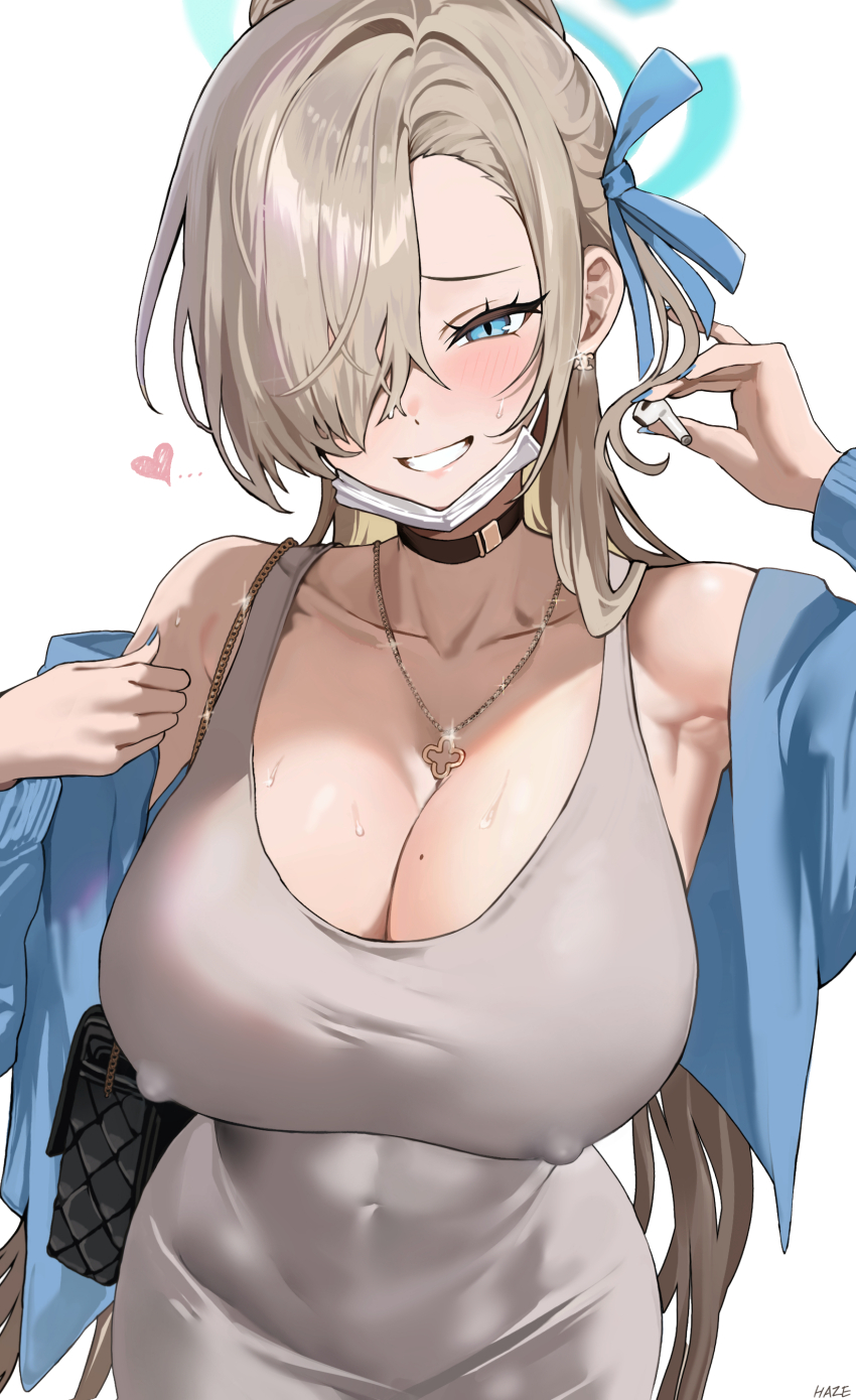 1girl absurdres alternate_costume armpits asuna_(blue_archive) bare_shoulders blue_archive blue_eyes blue_halo blue_jacket blush breasts commentary_request covered_erect_nipples covered_navel dress earphones grey_dress halo haze_(ohw8g) heart highres holding holding_earphones jacket light_brown_hair long_hair looking_at_viewer mask mask_lift mole mole_on_breast mouth_mask open_clothes open_jacket simple_background single_bare_shoulder single_earphone_removed single_off_shoulder smile solo tight_clothes tight_dress white_background white_mask