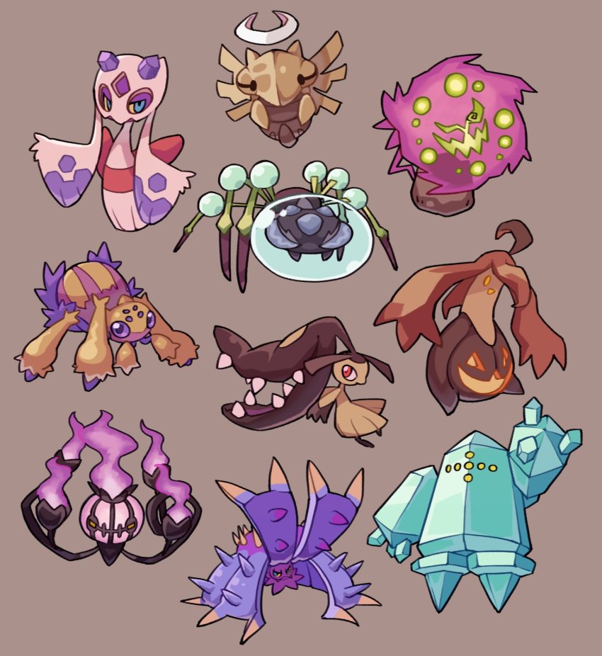araquanid arms_behind_back blue_eyes chandelure closed_mouth colored_sclera commentary english_commentary fire froslass galvantula gen_3_pokemon gen_4_pokemon gen_5_pokemon gen_6_pokemon gen_7_pokemon gourgeist halo highres kurt_robinson legendary_pokemon looking_at_viewer mawile nintendo pokemon pokemon_(creature) purple_fire red_eyes regice shedinja smile spiritomb toxapex yellow_eyes yellow_sclera
