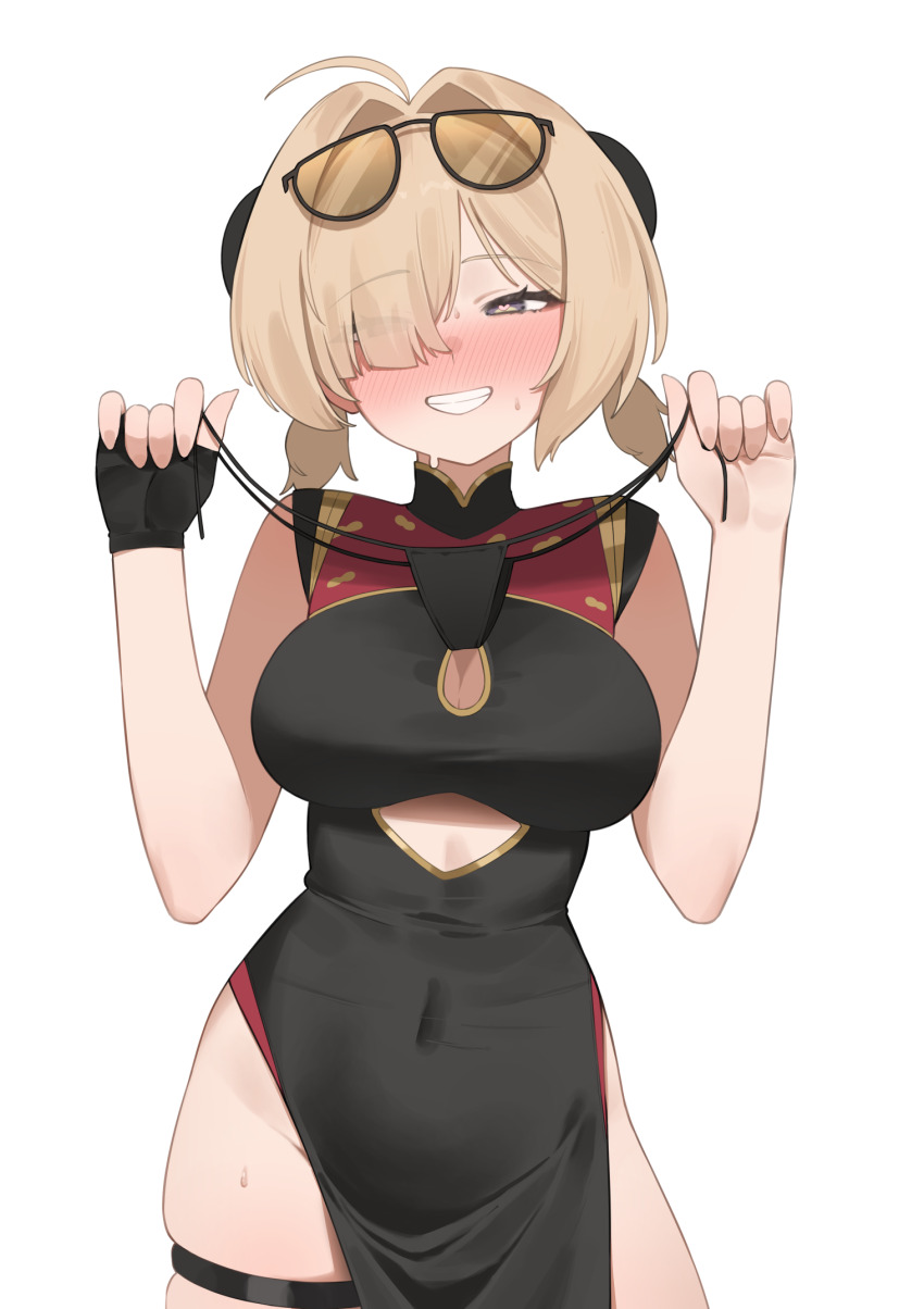 1girl black_panties blonde_hair blush china_dress chinese_clothes clothing_cutout dress eyewear_on_head fingerless_gloves flasso gloves half-closed_eyes highres holding holding_panties holding_underwear holding_unworn_clothes looking_at_viewer panties presenting_removed_panties simple_background single_fingerless_glove solo sweety_(zenless_zone_zero) tinted_eyewear underboob_cutout underwear white_background yellow-tinted_eyewear zenless_zone_zero
