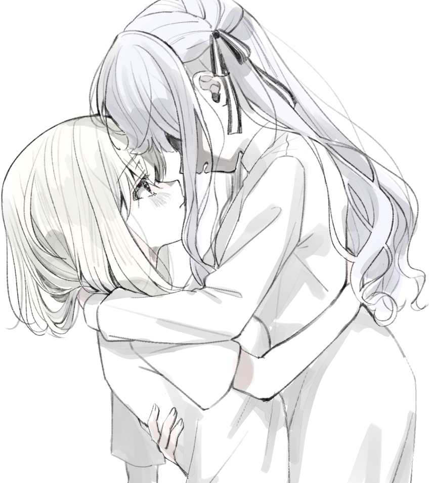 2girls arm_around_neck bang_dream! bang_dream!_it&#039;s_mygo!!!!! black_ribbon blonde_hair bob_cut braid breasts ccc_cloudy closed_mouth commentary_request couple expressionless face-to-face hair_ribbon hand_on_another&#039;s_back highres hug light_blush limited_palette long_hair long_sidelocks looking_at_another medium_breasts misumi_uika multiple_girls parted_lips ribbon shaded_face shirt short_hair short_sleeves sidelocks simple_background t-shirt togawa_sakiko variant_set white_background yuri