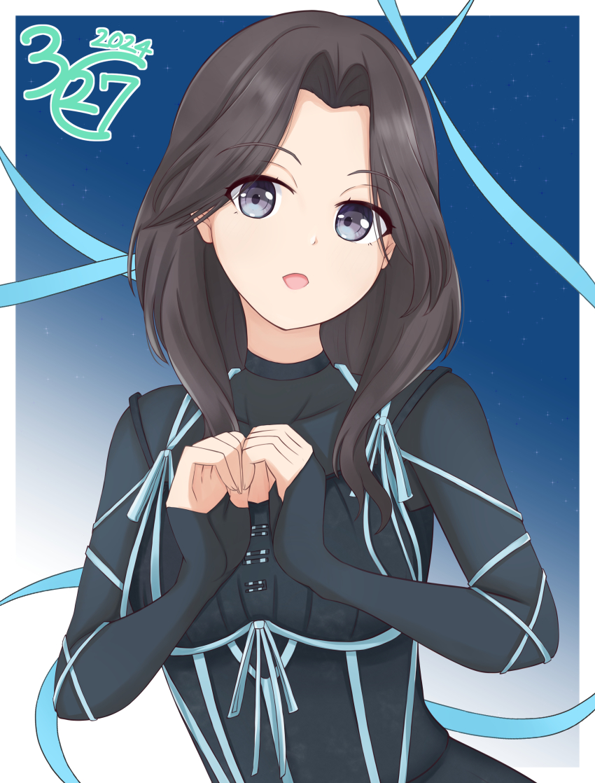 1girl 22/7 absurdres ato_de_wakaru_koto black_dress border curtained_hair dated dress gradient_background grey_eyes grey_hair heart heart_hands highres long_hair looking_to_the_side orihara_sumika outside_border parted_bangs see-through_clothes see-through_sleeves solo standing takumitu_711 upper_body wavy_hair white_border