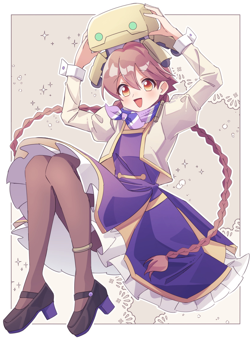 1girl :d absurdres anklet apocalypse_hotel arms_up black_shoes braid brown_eyes brown_hair brown_pantyhose cropped_jacket dress flycatcher_robot full_body highres humanoid_robot jewelry juliet_sleeves long_hair long_sleeves looking_at_viewer non-humanoid_robot open_mouth pantyhose puffy_sleeves purple_dress purple_scarf robot scarf shoes smile twin_braids twintails ww333v yachiyo_(apocalypse_hotel)