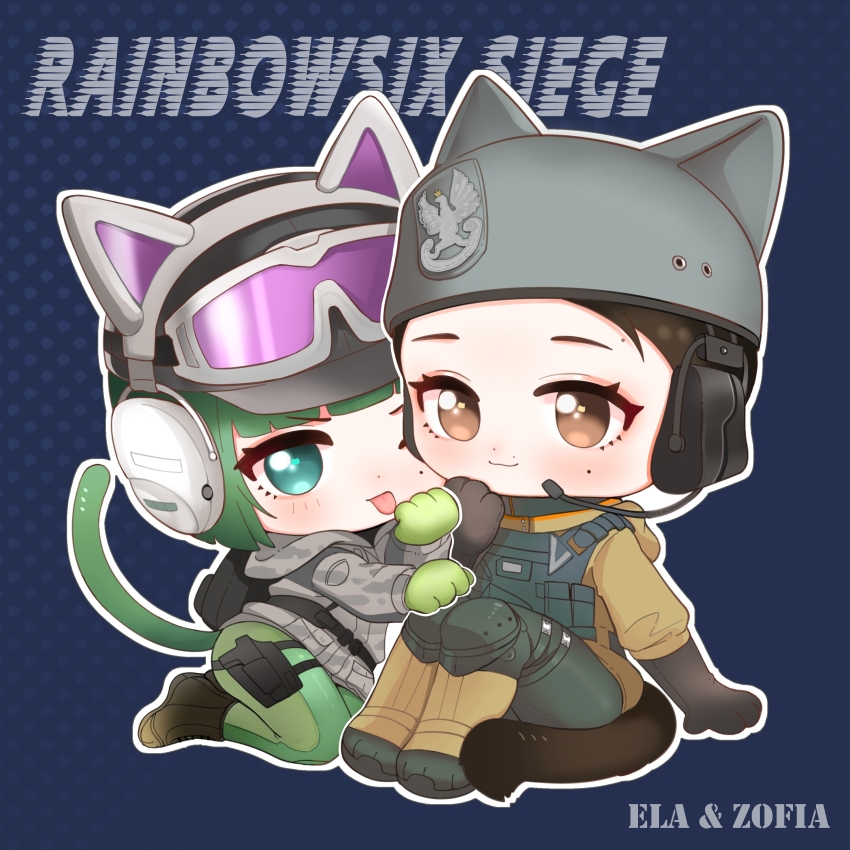 2girls absurdres animal_hands arknights baseball_cap black_gloves blue_background blue_eyes blush boots brown_eyes brown_footwear brown_hair brown_jacket camouflage camouflage_jacket cat_tail character_name chibi closed_mouth copyright_name ear_protection ela_(rainbow_six_siege) elbow_gloves gloves goggles goggles_on_headwear green_gloves green_hair green_pantyhose grey_hat grey_jacket hairtail hat headset helmet highres hood hood_down hooded_jacket jacket knee_pads knees_up looking_at_viewer military_combat_uniform military_uniform multiple_girls outline pantyhose paw_gloves polka_dot polka_dot_background rainbow_six_siege simple_background sitting smile swept_bangs tail tongue tongue_out white_outline zofia_(rainbow_six_siege)