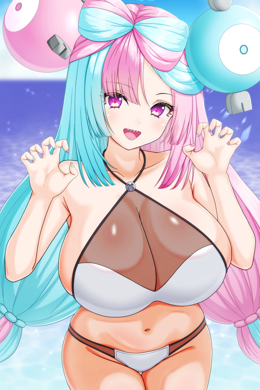 1girl :d :q absurdres beach bikini blue_hair blush bow-shaped_hair breasts character_hair_ornament claw_pose cleavage collarbone creatures_(company) game_freak gen_1_pokemon hair_ornament hand_up highres iono_(pokemon) large_breasts long_hair low-tied_long_hair magnemite medium_breasts multicolored_hair nabeshiita_(atsuryoku_nabe) navel nintendo ocean open_mouth outdoors pink_hair pokemon sharp_teeth smile solo split-color_hair swimsuit teeth tongue tongue_out white_bikini