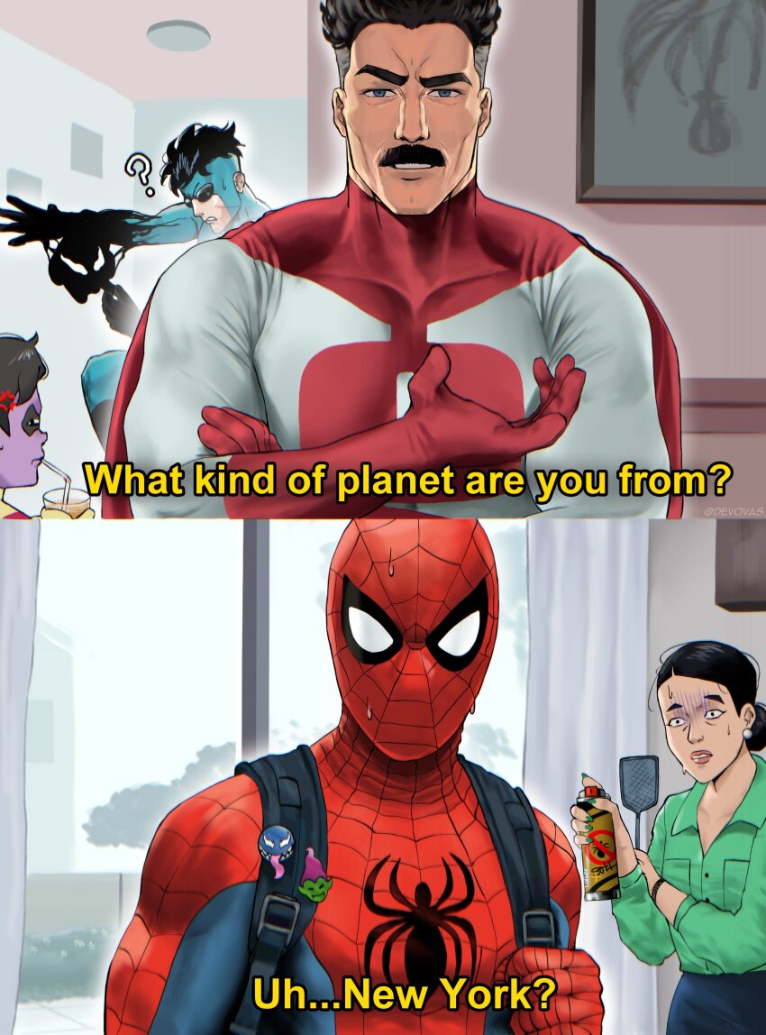absurdres bodysuit debbie_grayson devovas facial_hair full_mask highres invincible_(character) invincible_(series) mark_grayson marvel mature_male multicolored_bodysuit muscular muscular_male mustache nolan_grayson omni-man red_bodysuit spider-man spider-man_(series) superhero_costume symbiote thick_mustache two-tone_bodysuit venom_(marvel) white_bodysuit yellow_bodysuit
