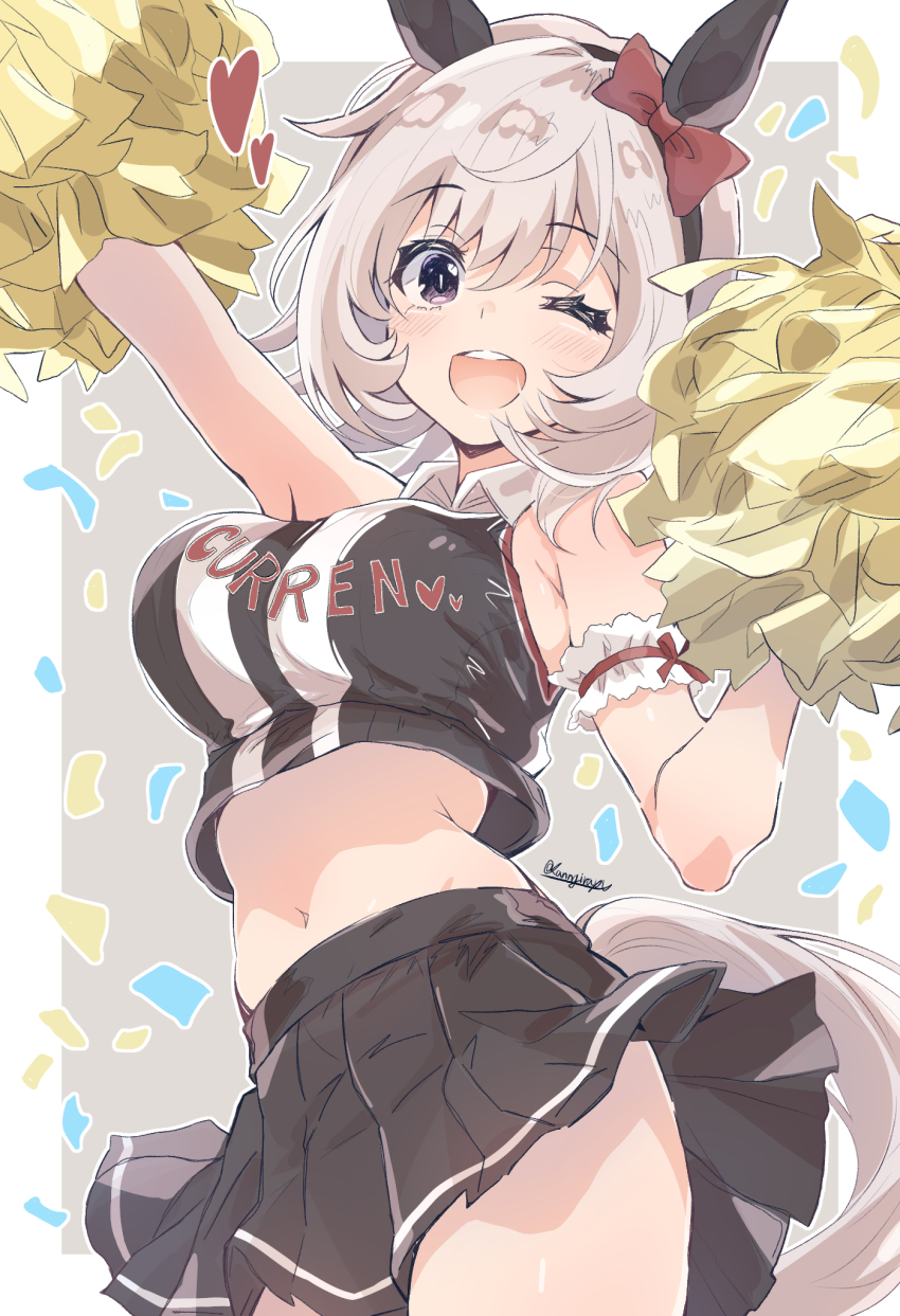1girl alternate_costume animal_ears arms_up blush breasts cheerleader collarbone commentary_request confetti curren_chan_(umamusume) grey_hair hair_ornament headband highres kannagiray looking_at_viewer medium_breasts medium_hair midriff navel one_eye_closed open_mouth pom_pom_(cheerleading) purple_eyes ribbon solo umamusume