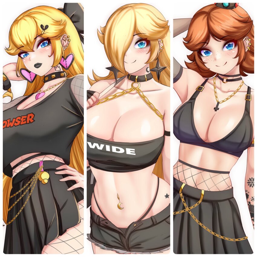 3girls alternate_costume anisdrawn bag bandeau black_bow black_choker black_lips black_panties black_shorts black_skirt blonde_hair blue_eyes bow breasts chain character_name choker cleavage clothes_writing collarbone commentary cowboy_shot crop_top denim denim_shorts ear_piercing earrings english_commentary eyeshadow fingerless_gloves fishnet_pantyhose fishnets gloves goth_fashion hair_bow hair_over_one_eye hand_on_own_hip handbag heart heart_earrings highres implied_cheating_(relationship) jewelry large_breasts long_hair makeup mario_(series) midriff multiple_girls navel necklace nintendo open_fly orange_hair panties panty_straps pantyhose piercing pleated_skirt princess_daisy princess_peach rosalina short_shorts shorts simple_background skirt standing star_(symbol) star_earrings star_tattoo stomach super_mario_galaxy tattoo thighs underwear very_long_hair white_background