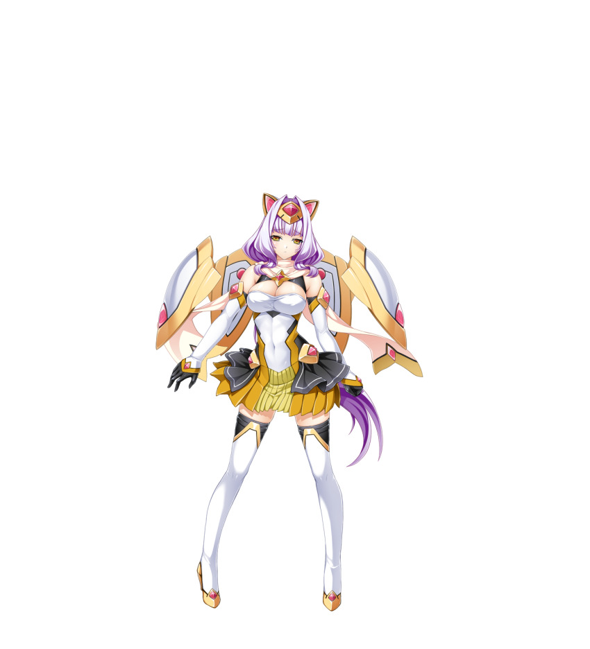 1girl armor azarin_(kouyoku_senki_exs-tia) bare_shoulders black_gloves boots breasts cleavage clothing_cutout covered_navel detached_sleeves elbow_gloves exs-tia_magica full_body game_cg gloves hair_intakes high_heels highres inoino kouyoku_senki_exs-tia large_breasts large_variant_set legs_apart long_hair looking_at_viewer multicolored_hair non-web_source official_art pleated_skirt purple_hair skirt smile solo standing tachi-e thigh_boots thighhighs transparent_background variant_set very_long_hair white_thighhighs yellow_eyes yellow_skirt zettai_ryouiki