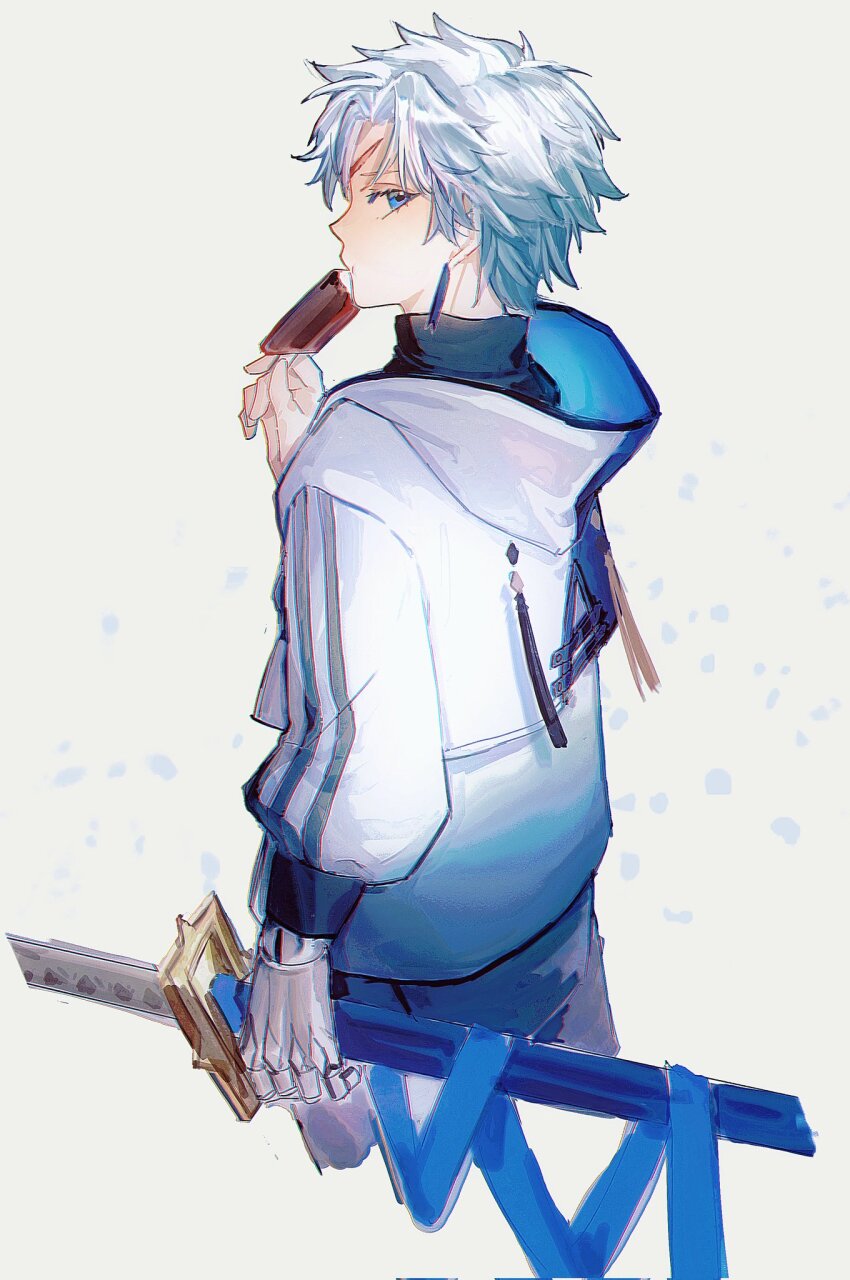 1boy black_pants black_shirt blue_eyes earrings eating fate/grand_order fate_(series) food highres holding holding_food holding_ice_cream holding_sword holding_weapon hood hooded_jacket ice_cream ice_cream_bar jacket jewelry katana looking_at_viewer pants prosthesis prosthetic_arm scar scar_on_face scar_on_forehead sheath sheathed shirt solo sword toudou_heisuke_(fate) triple_vertical_stripe turtleneck weapon white_hair white_jacket yezizizzzz02