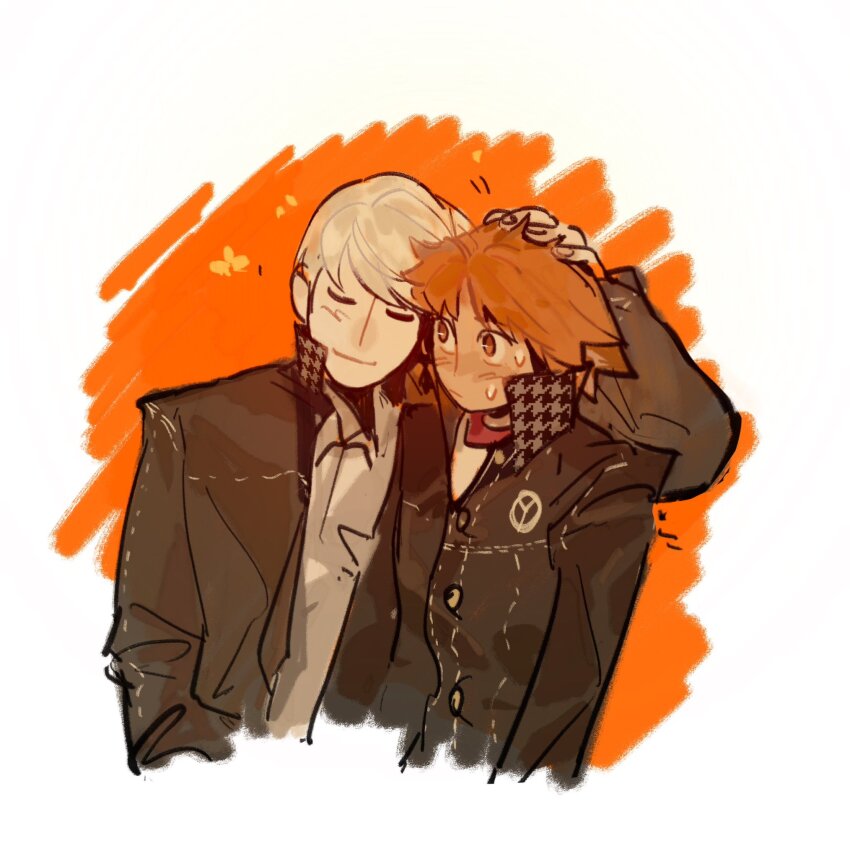 2boys arm_up black_jacket blush brown_eyes brown_hair buttons cheek-to-cheek closed_eyes closed_mouth collared_jacket cropped_torso greenny19387970 hanamura_yousuke hand_on_another&#039;s_head heads_together highres houndstooth jacket looking_at_another male_focus multiple_boys narukami_yu nervous_sweating open_clothes open_jacket parted_bangs persona persona_4 popped_collar school_uniform shirt short_hair simple_background smile sweat white_background white_hair white_shirt yaoi yasogami_school_uniform