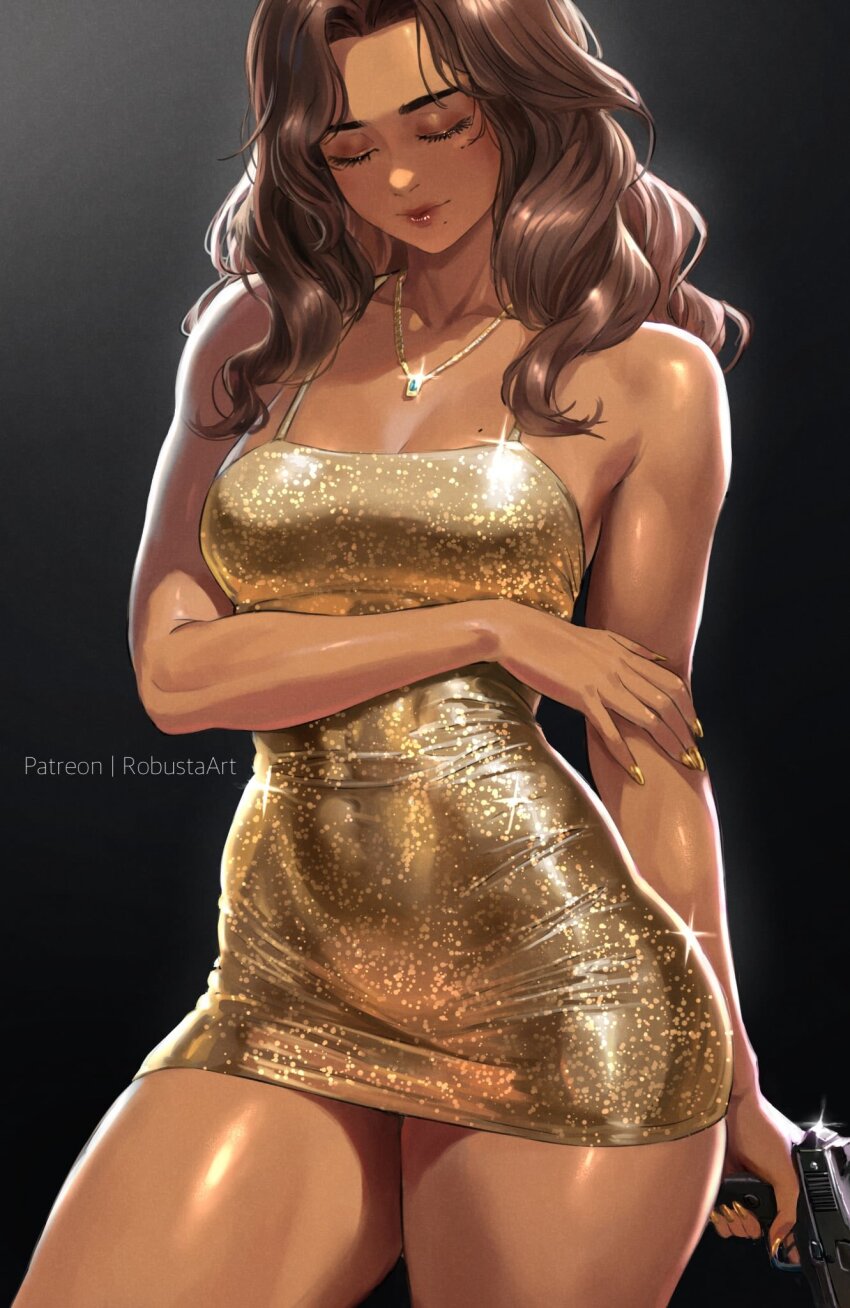 1girl breasts brown_hair closed_eyes dark-skinned_female dark_skin dress earrings gold gold_dress gold_nails grand_theft_auto grand_theft_auto_vi gun handgun highres holding holding_gun holding_weapon hoop_earrings jewelry large_breasts lips long_hair lucia_caminos robusta_mania short_dress smile thick_thighs thighs weapon