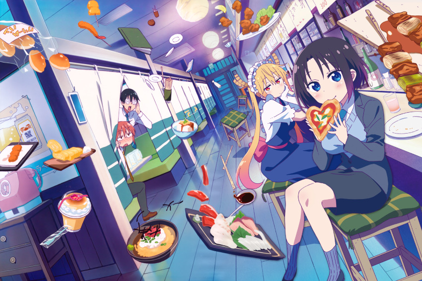 1boy 3girls absurdres black_hair blonde_hair blu-ray_cover blue_eyes blush bread bread_slice breasts carrot chair chicken_(food) chopsticks cooking_pot cover cup dragon_girl dragon_horns eating elma_(maidragon) food formal_clothes fried_chicken glasses gradient_hair highres holding holding_food holding_pizza horns indoors ketchup kobayashi-san_chi_no_maidragon kobayashi_(maidragon) large_tail long_hair looking_at_viewer maid maid_headdress meat medium_breasts mug multicolored_hair multiple_girls necktie office_lady official_art opaque_glasses orange_hair pizza plate red_eyes red_hair restaurant sandwich sauce sausage short_hair shrimp sitting skirt slit_pupils smile socks spoon stool striped_clothes striped_socks suit sushi tail takiya_makoto toast tohru_(maidragon) twintails vegetable vertical-striped_clothes vertical-striped_socks
