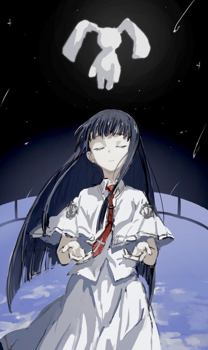 1girl black_hair capelet closed_eyes closed_mouth cloud collared_shirt cross cross_print crown_print earth_(planet) facing_viewer highres light_smile long_hair necktie night night_sky pale_skin planet print_capelet print_necktie red_necktie school_uniform shirt shooting_star sky solo straight_hair stuffed_animal stuffed_rabbit stuffed_toy subarashiki_hibi takashima_zakuro taki_(a313131333) white_capelet white_shirt