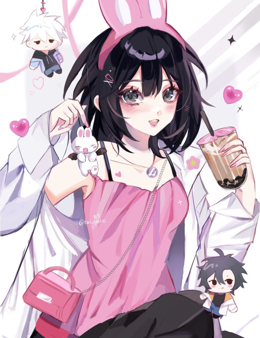 1girl 2boys :d absurdres animal_ears bag black_hair blush character_request chibi collarbone commentary cup double-parted_bangs drinking_straw english_commentary fake_animal_ears hair_between_eyes hair_ornament hairclip heart highres holding holding_cup jacket jewelry looking_at_viewer multiple_boys necklace open_clothes open_jacket open_mouth pink_bag pink_purse qiao_ling rabbit rabbit_ears shiguang_dailiren shiro_(soakuoa) simple_background smile teeth upper_teeth_only
