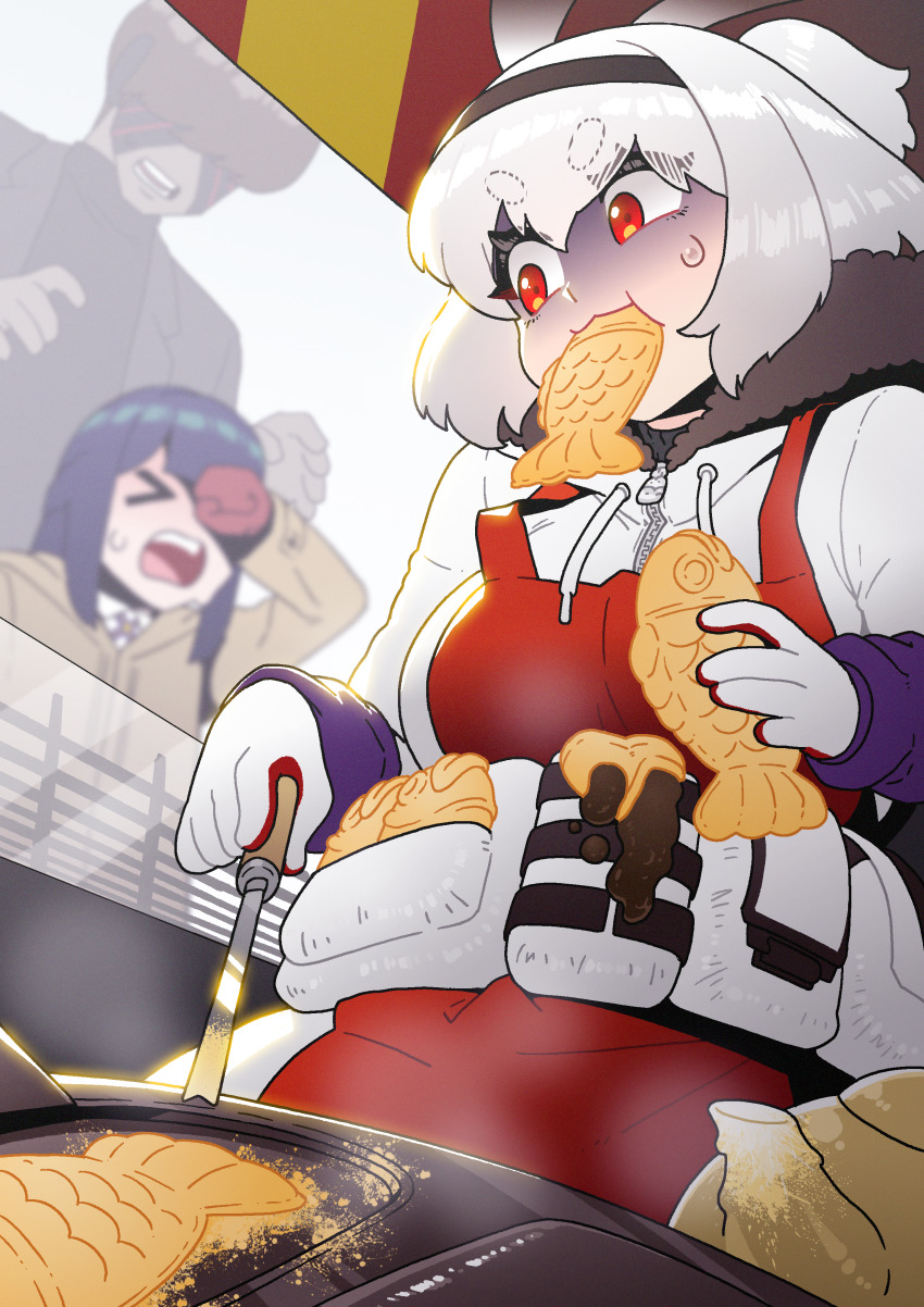 &gt;_&lt; 1boy 2girls absurdres alvis_(last_origin) andvari_(last_origin) apron belt_pouch blue_hair breasts chocolate coat commander_(last_origin) commission cooking dc_(makezzal) food food_in_mouth food_stand gloves hairband highres holding holding_food large_breasts last_origin long_hair medium_hair multiple_girls open_mouth overcoat pixiv_commission pouch red_eyes simple_background sweatdrop taiyaki two_side_up wagashi white_hair
