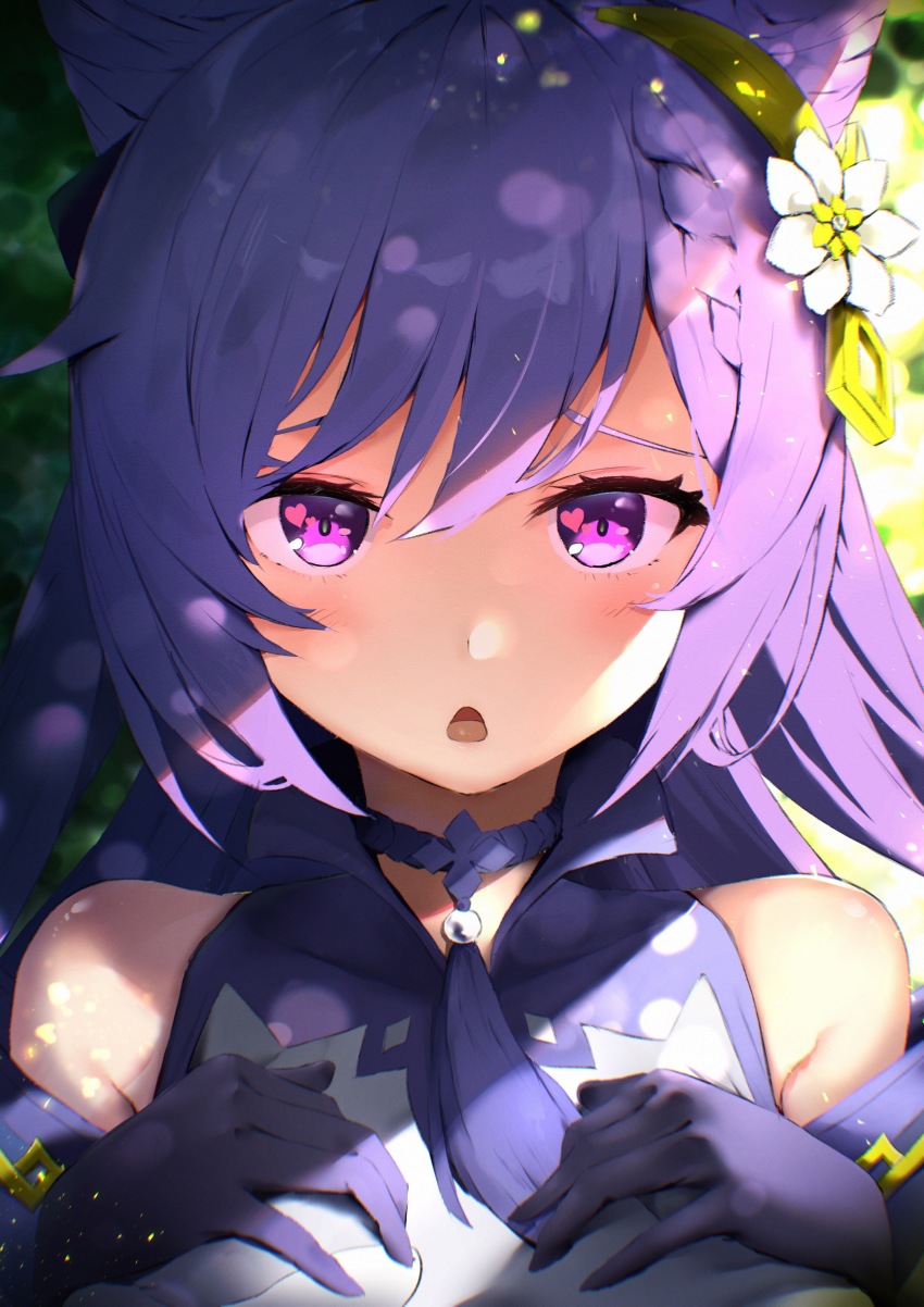 1girl absurdres bare_shoulders blush braid double_bun genshin_impact gloves hair_bun hair_ornament hairclip hands_on_own_chest heart heart-shaped_pupils highres honehone_(xsnk8483) keqing_(genshin_impact) looking_at_viewer open_mouth purple_eyes purple_hair solo sparkling_eyes symbol-shaped_pupils twintails