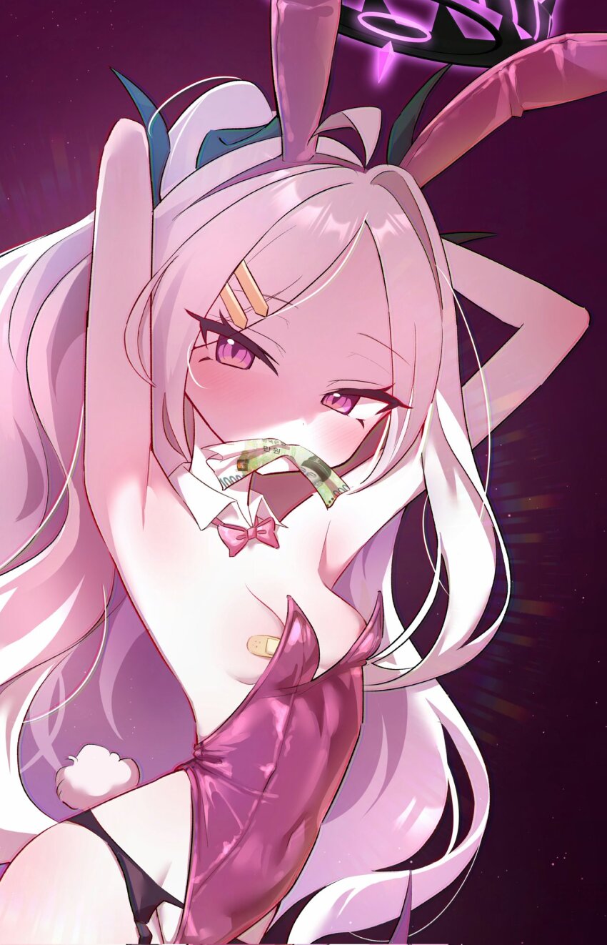 1girl ahoge alternate_costume animal_ear_hairband animal_ears armpits arms_behind_head arms_up bandaid bandaids_on_nipples bare_arms bare_shoulders black_garter_belt black_garter_straps black_halo black_horns blue_archive bow bowtie breasts breasts_day covered_navel cropped demon_girl demon_horns demon_wings detached_collar fake_animal_ears fake_tail garter_belt garter_straps good_breasts_day hair_ornament hairband hairclip halo highres hina_(blue_archive) horns leotard loli long_hair looking_at_viewer low_wings mata_ashita money_in_mouth mouth_hold multiple_horns nipple_slip nipples oversized_breast_cup parted_bangs pasties pink_bow pink_bowtie pink_hairband pink_leotard playboy_bunny purple_background purple_eyes rabbit_ears rabbit_tail sideboob simple_background small_breasts solo strapless strapless_leotard tail very_long_hair white_hair wings