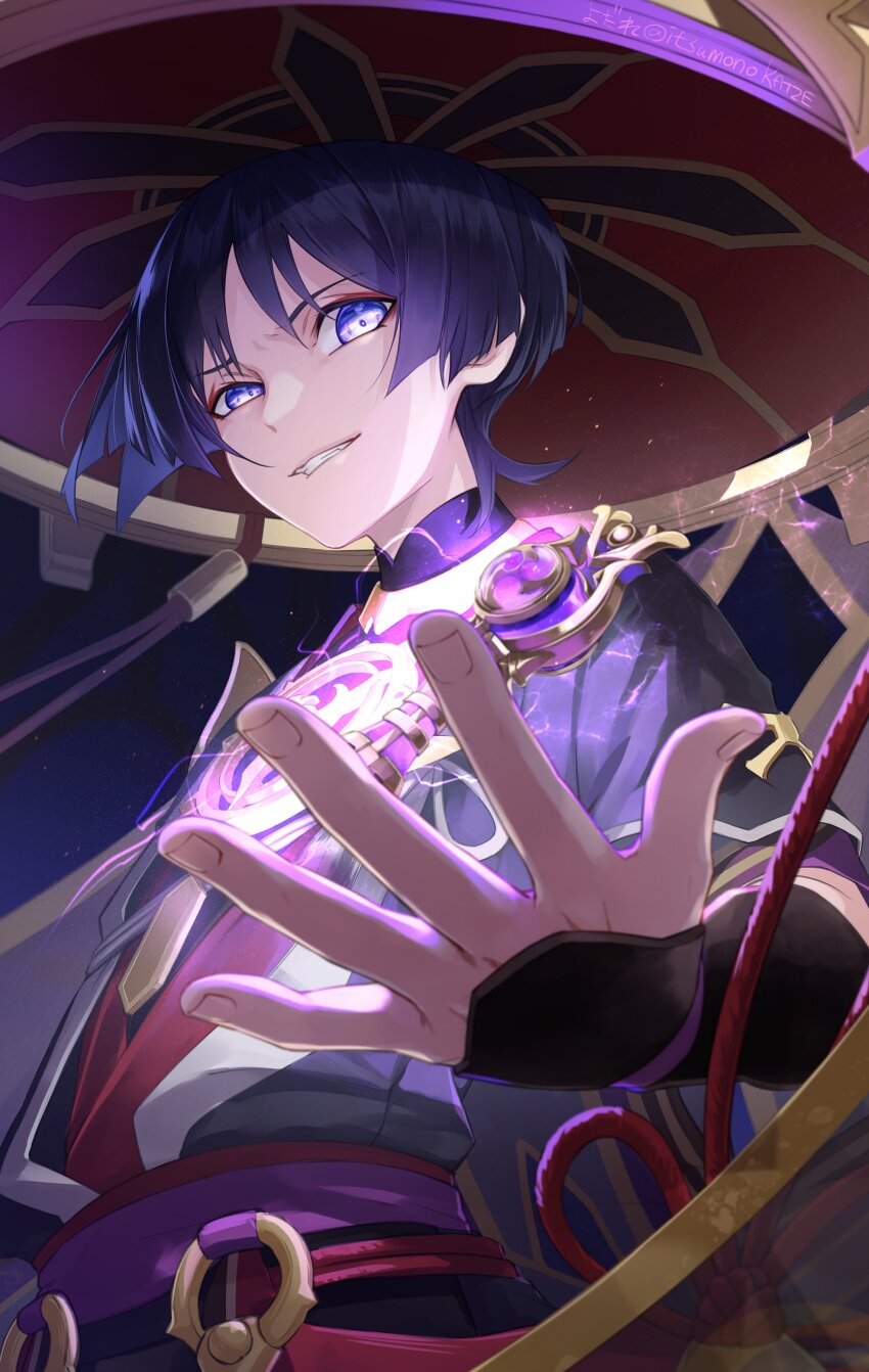 1boy absurdres armor artist_name black_hair black_shirt blunt_ends choppy_bangs commentary_request electricity energy evil_grin evil_smile eyeshadow fang floating floating_object genshin_impact gnosis_(genshin_impact) grin hand_up hat highres itsumono_katze japanese_armor jingasa kote kurokote looking_at_viewer makeup male_focus purple_eyes purple_sash red_eyeshadow red_hat red_ribbon ribbon sash scaramouche_(genshin_impact) shirt short_hair short_sleeves signature smile solo teeth upper_body v-shaped_eyebrows veil wide_sleeves