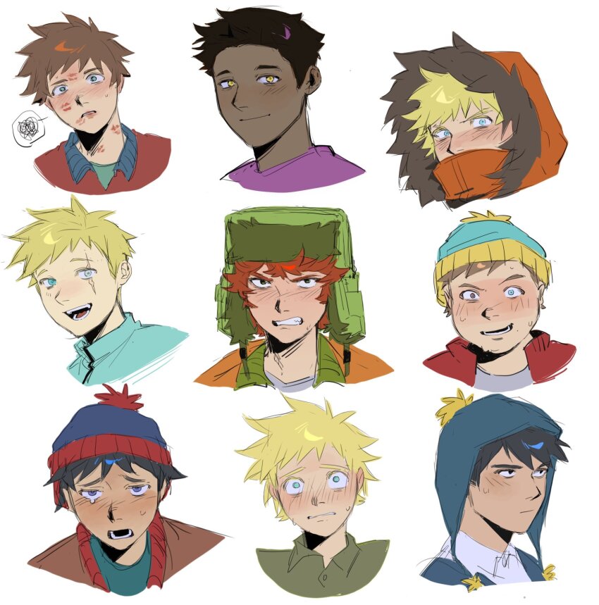 6+boys angry aqua_eyes beret black_eyes black_hair blonde_hair blue_eyes blue_hat blue_shirt blue_sweater blush brown_eyes brown_hair brown_jacket butters_stotch closed_mouth clyde_donovan collared_jacket collared_shirt covered_mouth craig_tucker dark-skinned_male dark_skin embarrassed eric_cartman freckles fur-trimmed_hood fur_trim green_hat green_shirt grey_eyes half-closed_eyes hat heterochromia highres hood hooded_jacket jacket kenny_mccormick kugai697139 kyle_broflovski lipstick_mark looking_at_viewer male_focus messy_hair multiple_boys nervous open_clothes open_jacket open_mouth orange_jacket pom_pom_(clothes) purple_shirt red_hair red_jacket red_lips scar scar_across_eye scar_on_face shirt short_hair simple_background smile south_park spoken_squiggle squiggle stan_marsh sweat sweatdrop sweater tearing_up teeth token_black tongue tweek_tweak upper_body v-shaped_eyebrows white_background white_shirt yellow_eyes