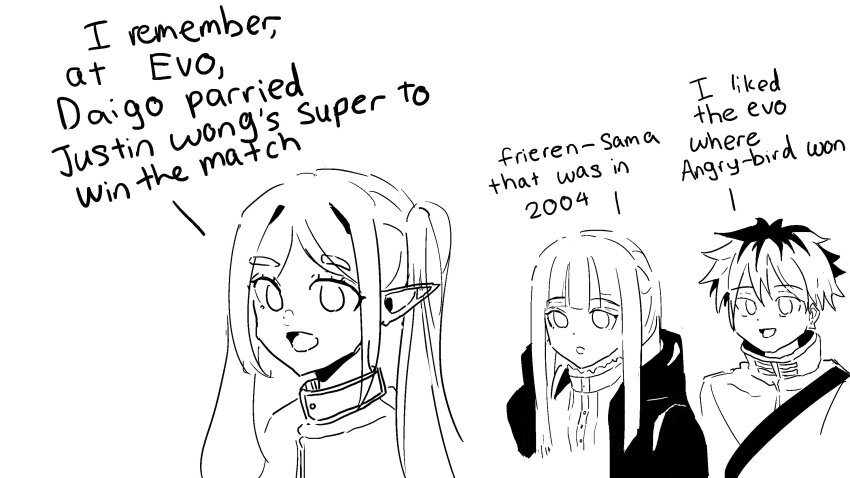 1boy 2girls chuan_sg commentary elf english_commentary english_text evo_moment_#37 evolution_championship_series fern_(sousou_no_frieren) frieren highres multiple_girls pointy_ears portrait sousou_no_frieren stark_(sousou_no_frieren) text_focus truth twintails