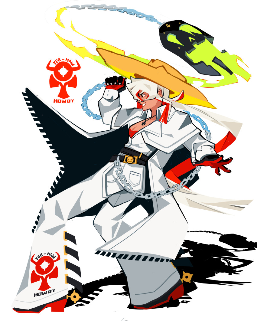 absurdres bell-bottoms belt black_footwear black_gloves borcheim chain cowboy_hat gloves guilty_gear hat highres holding holding_weapon jack-o&#039;_valentine medium_hair multicolored_hair pants red_footwear red_gloves red_hair shadow smile solo spurs standing two-tone_gloves two-tone_hair weapon white_background white_hair yellow_hat