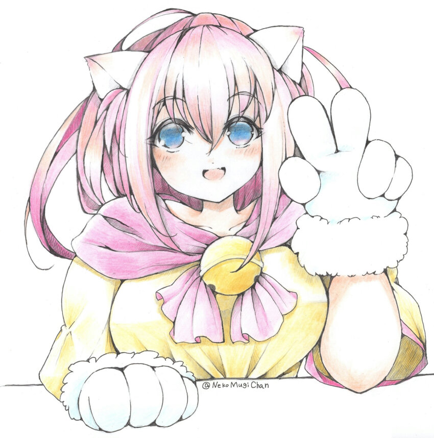 1girl animal_ears animal_hands bell blue_eyes blush breasts cat_ears cat_paws dress fang gloves hair_between_eyes high_ponytail highres large_breasts long_hair looking_at_viewer melody_sinclair nekomugichan open_mouth paw_gloves pink_hair ponytail simple_background smile solo tented_shirt tooth upper_body v white_background wide_ponytail yellow_dress yuukyuu_gensoukyoku