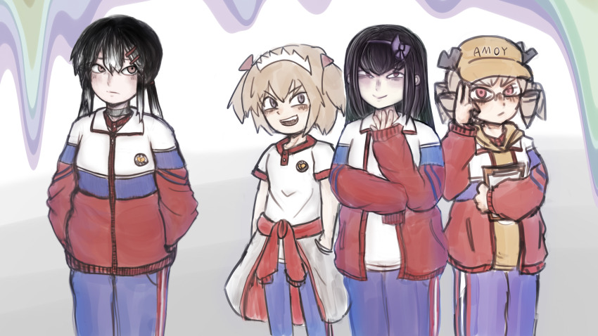 4girls absurdres baseball_cap black-framed_eyewear black_hair blue_pants bow brown_eyes chinese_commentary chinese_track_school_uniform closed_mouth clothes_around_waist collared_shirt commentary commentary_request cookie_(touhou) cowboy_shot freezemo glasses hair_bow hair_ornament hairclip hat highres jacket jacket_around_waist long_hair long_sleeves looking_at_viewer luna_child multiple_girls open_mouth pants purple_bow purple_eyes red_bow red_eyes red_jacket riran_youkyu school_uniform shiriri_saikyo shirt short_hair shunga_youkyu smile star_sapphire sunny_milk touhou track_jacket white_shirt yellow_hat yuyusu_(cookie)