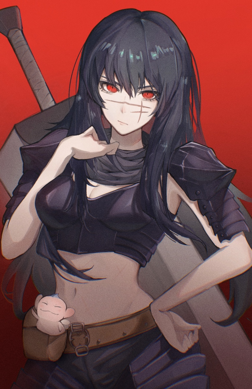 1girl armor belt belt_pouch berserk black_armor black_hair breasts brown_belt chainsaw_man cleavage cosplay crop_top dragonslayer_(sword) facial_scar greatsword guts_(berserk) guts_(berserk)_(cosplay) highres long_hair looking_at_viewer medium_breasts navel pouch puck_(berserk) red_background red_eyes sakuranuts00 scar scar_on_cheek scar_on_face scar_on_nose sword sword_on_back weapon weapon_on_back yoru_(chainsaw_man)