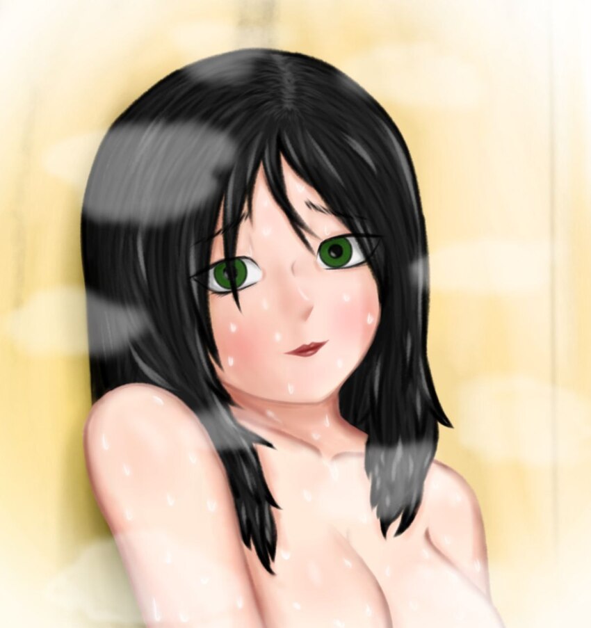 1girl akim black_hair blush breasts completely_nude female_focus green_eyes highres long_hair medium_breasts nude original showering sweat sweatdrop wet wet_hair yellow_background