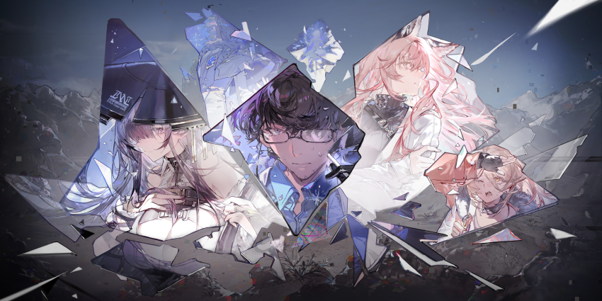 2boys 3girls absurdres animal_ears black_hair black_sweater blue_shirt broken_glass cat_ears character_request collared_shirt dalanxia facial_hair fingerless_gloves fur-trimmed_jacket fur_trim girls&#039;_frontline girls&#039;_frontline_neural_cloud glass glasses gloves hand_on_own_arm highres jacket lab_coat long_hair lord_eosphoros_(neural_cloud) male_professor_(neural_cloud) multiple_boys multiple_girls official_art one_eye_closed open_mouth persicaria_(neural_cloud) pink_hair professor_(neural_cloud) ribbed_sweater sangoma_(neural_cloud) shading_eyes shirt sol_(neural_cloud) stubble sweater turtleneck turtleneck_sweater yellow_eyes