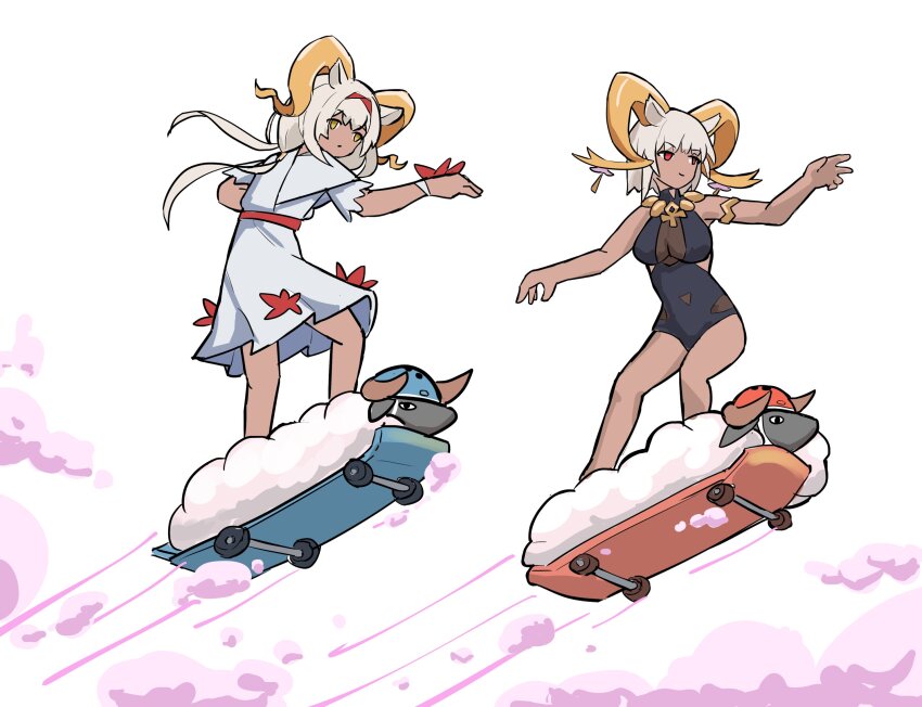 2girls animal_ears ankh ankh_necklace arknights beeswax_(arknights) beeswax_(holiday)_(arknights) black_one-piece_swimsuit carnelian_(arknights) carnelian_(shimmering_dew)_(arknights) casual_one-piece_swimsuit closed_mouth clothing_cutout dark_skin dot_mouth dress fake_horns full_body goat_ears goat_girl goat_horns gold_horns grey_hair hairband helmet highres horn_ornament horned_helmet horns long_hair multiple_girls no_nose official_alternate_costume one-piece_swimsuit outstretched_arms red_eyes red_hairband red_sash sash sheep short_hair short_sleeves side_cutout sidelocks simple_background skateboard skateboarding spread_arms swimsuit toyyot white_background white_dress yellow_eyes