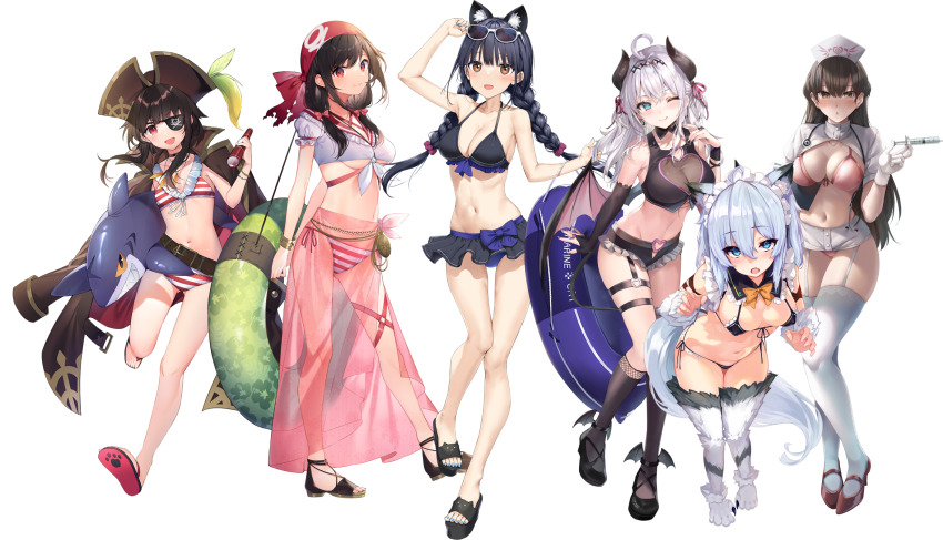 6+girls ;) ahoge alisa_mikhailovna_kujou animal_ear_fluff animal_ears arms_behind_back bandana belt bikini bikini_skirt black_bikini black_footwear black_gloves black_hair black_hairband blue_eyes blue_skirt blush bow bow_skirt bowtie bracelet braided_twintails breasts bridal_gauntlets brown_belt brown_coat brown_eyes brown_footwear cat_ears cat_girl claw_pose cleavage coat crop_top crossover demon_girl demon_horns demon_wings eyepatch eyewear_on_head front-tie_bikini_top front-tie_top garter_straps gloves green_innertube hair_ribbon hairband hat highres holding holding_syringe horns irido_yume jewelry kaifuku_jutsushi_no_yarinaoshi_~sokushi_mahou_to_skill_copy_no_chouetsu_heal~ konata_(kankin_jk) kono_subarashii_sekai_ni_bakuen_wo! kono_subarashii_sekai_ni_shukufuku_wo! large_breasts long_hair maid_headdress mamahaha_no_tsurego_ga_moto_kano_datta medium_breasts megumin mishima_kurone mishiranu_joshikousei_ni_kankin_sareta_mangaka_no_hanashi momoko_(momopoco) multiple_girls navel nurse nurse_cap official_art one_eye_closed open_clothes open_coat open_mouth orange_bow orange_bowtie parted_lips paw_print_soles pink_ribbon pink_sarong pirate_hat red_bandana red_bikini red_eyes ribbon ryouma_(galley) sandals sarong see-through_cleavage see-through_clothes see-through_sarong setsuna_(kaiyari) shiokonbu shirt side-tie_bikini_bottom simple_background skirt smile spyglass striped_bikini striped_clothes stuffed_animal stuffed_shark stuffed_toy sunglasses swimsuit syringe takayaki thighhighs tied_shirt tokidoki_bosotto_roshia-go_de_dereru_tonari_no_alya-san transparent_background underboob white-framed_eyewear white_garter_straps white_gloves white_hair white_thighhighs wings yunyun_(konosuba)