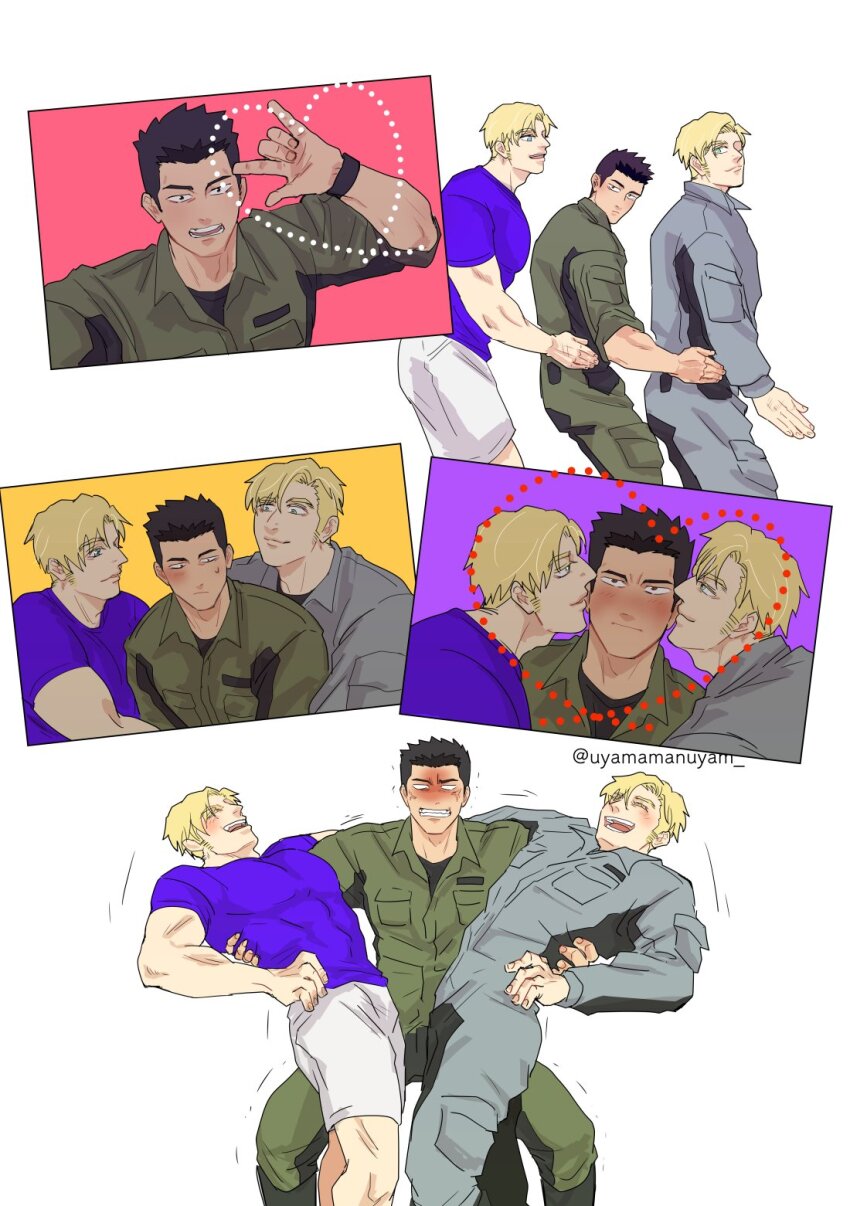 3boys ao_isami black_hair blonde_hair blush boy_sandwich cheek_kiss clone collage couple double_cheek_kiss facial_hair feet_out_of_frame full-face_blush grin happy heart heavy highres kiss kissing_cheek laughing lewis_smith male_focus multiple_boys sandwiched shorts sideburns_stubble smile stubble thick_eyebrows uyamamanuyam w yaoi yuuki_bakuhatsu_bang_bravern