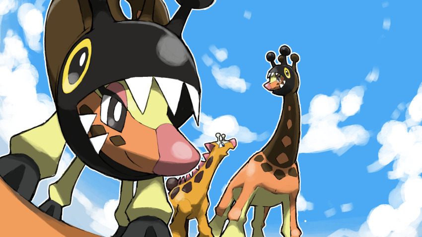animal_focus blacknirrow blue_sky closed_mouth cloud day eyelashes farigiraf gen_2_pokemon girafarig highres hooves long_neck nintendo no_humans open_mouth outline pokemon pokemon_(creature) pokemon_focus sharp_teeth sky smile teeth white_outline yellow_eyes