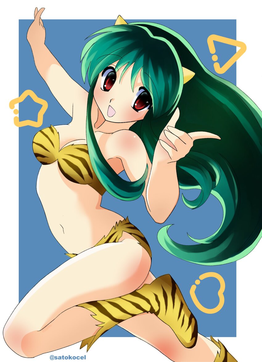 1girl :d absurdres animal_print bikini blush boots breasts cleavage cone_horns green_hair highres horns knee_blush long_hair looking_at_viewer lum medium_breasts navel oni open_mouth pointing print_bikini red_eyes satokocel simple_background smile solo standing standing_on_one_leg strapless strapless_bikini swimsuit tiger_print twitter_username urusei_yatsura