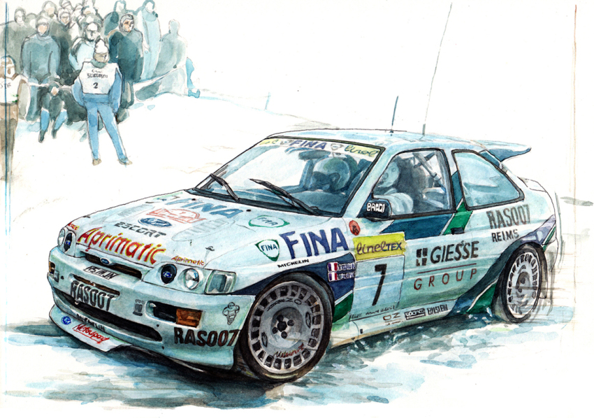 2boys blue_jumpsuit blue_sweater car crowd ford_escort francois_delecour french_flag helmet jumpsuit m.m_(chosuke320) michelin michelin_man motor_vehicle multiple_boys patrick_bernardini race_vehicle racecar radio_antenna rally_car spoiler_(automobile) sweater traditional_media vehicle_focus white_car white_helmet world_rally_championship