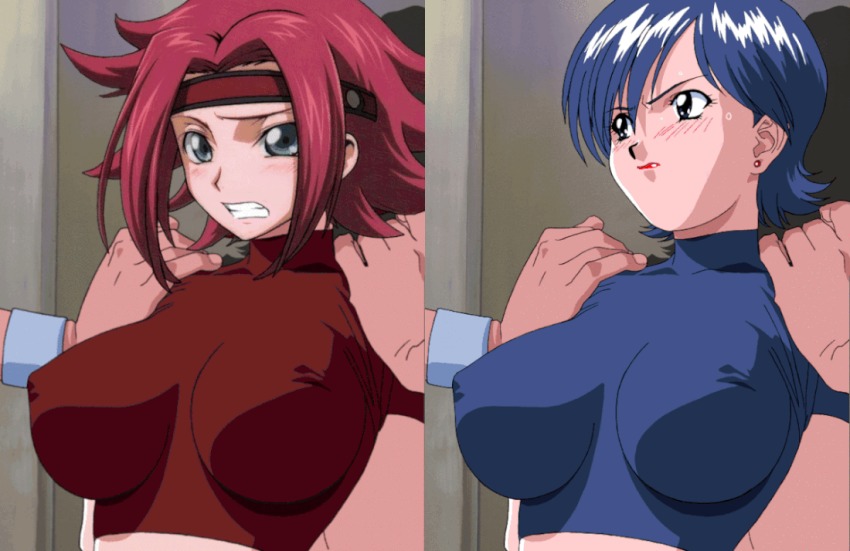 1990s_(style) 2boys 2girls animated animated_gif blue_hair blush bouncing_breasts breasts clenched_teeth code_geass comparison covered_erect_nipples cutting cutting_clothes derivative_work grey_eyes headband holding holding_knife holding_weapon knife kouzuki_kallen large_breasts lipstick looking_at_viewer makeup miki_(viper) multiple_boys multiple_girls nervous nipples no_bra open_mouth out_of_frame red_hair red_lips restrained retro_artstyle shirt short_hair side-by-side sogna standing sweat switchblade tearing_clothes teeth third-party_edit torn_clothes traced uncensored undressing viper_(series) viper_ctr weapon you_gonna_get_raped