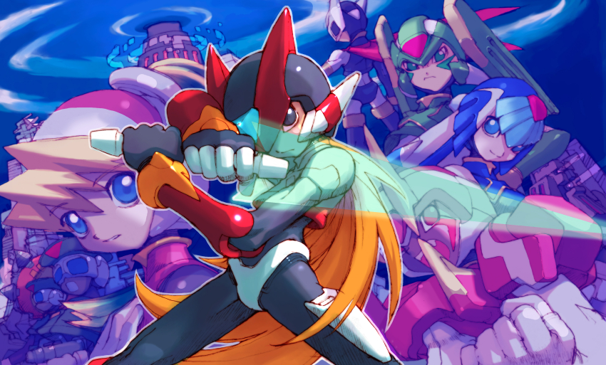 2girls 4boys absurdres armor blonde_hair blue_armor blue_eyes blue_helmet ciel_(mega_man) crop_top energy_sword facial_mark fairy_leviathan_(mega_man) fighting_fefnir_(mega_man) forehead_jewel goggles green_armor green_eyes green_helmet helmet hidden_phantom_(mega_man) highres holding holding_sword holding_weapon long_hair mega_man_(series) mega_man_zero_(series) mega_man_zero_1 multiple_boys multiple_girls nakayama_tooru neo_arcadia ninja official_art purple_armor purple_helmet red_armor red_eyes red_helmet sage_harpuia_(mega_man) shoulder_armor skin_tight sword third-party_source weapon z_saber zero(z)_(mega_man) zero_(mega_man)